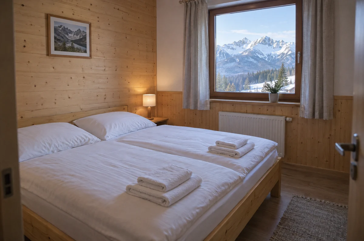 Pripravená spálňa apartmánu s bielou posteľnou bielizňou a výhľadom na Tatry